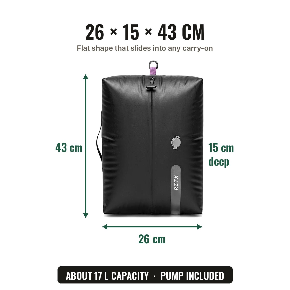 Auralane Vacuum Kit dimensions: 26 x 15 x 43 cm, about 17 liters
